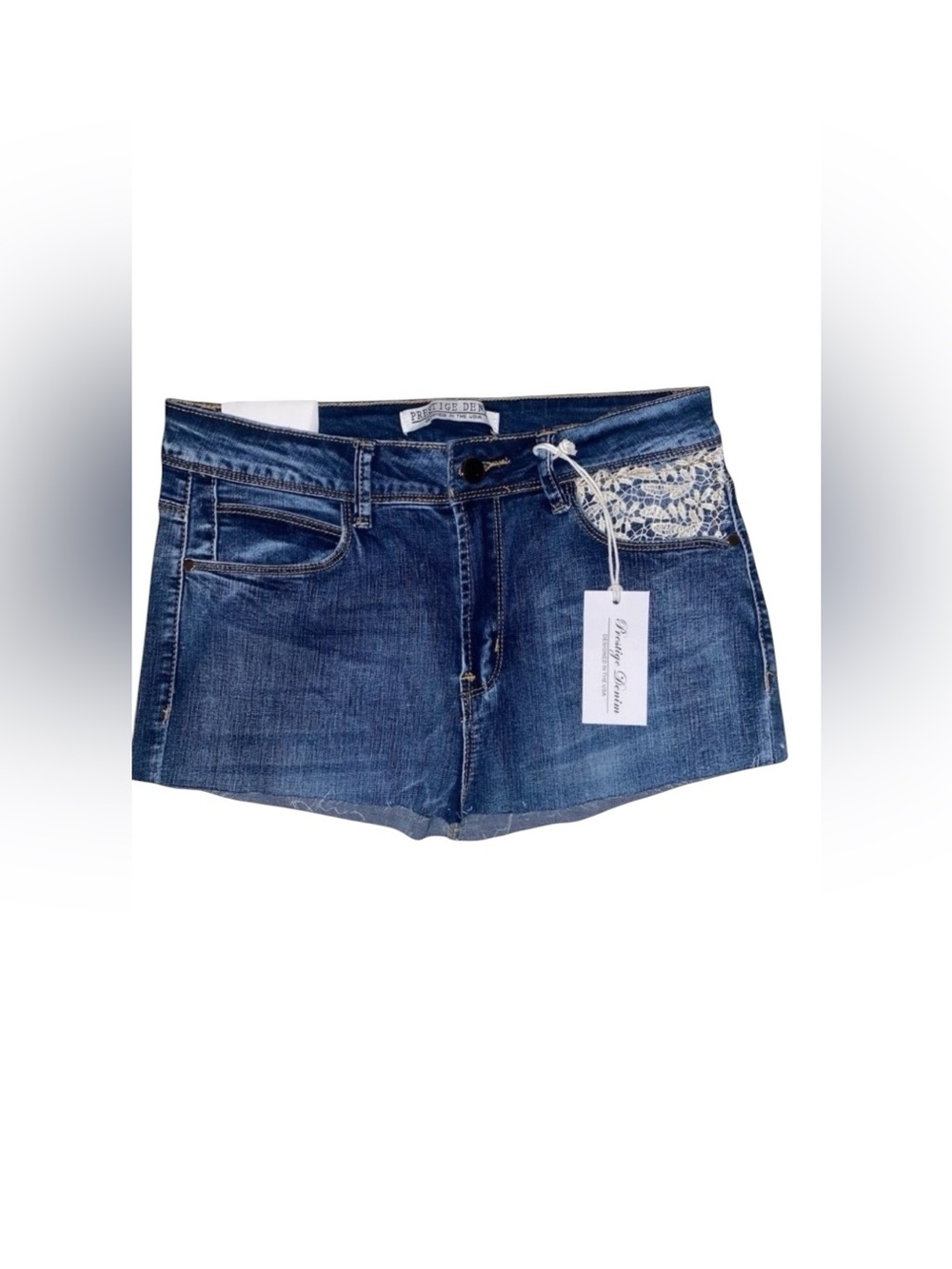 PRESTIGE DENIM Micro Mini Skirt w/Raw Cut Hem, Lace Embellishments BLUE Size 7